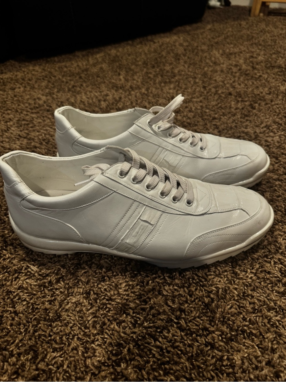 Men's White Leather Low-Top Lace-Up Sneakers